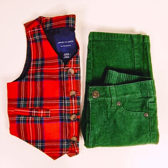Janie and Jack SET Green Corduroy Pants and Holiday Plaid Vest 6-12 Months - Picture 3 of 16
